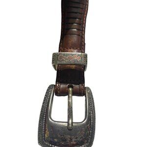 Vintage Brown Leather Belt With Silver-Tone Buckle & Detailing Made In China Siz